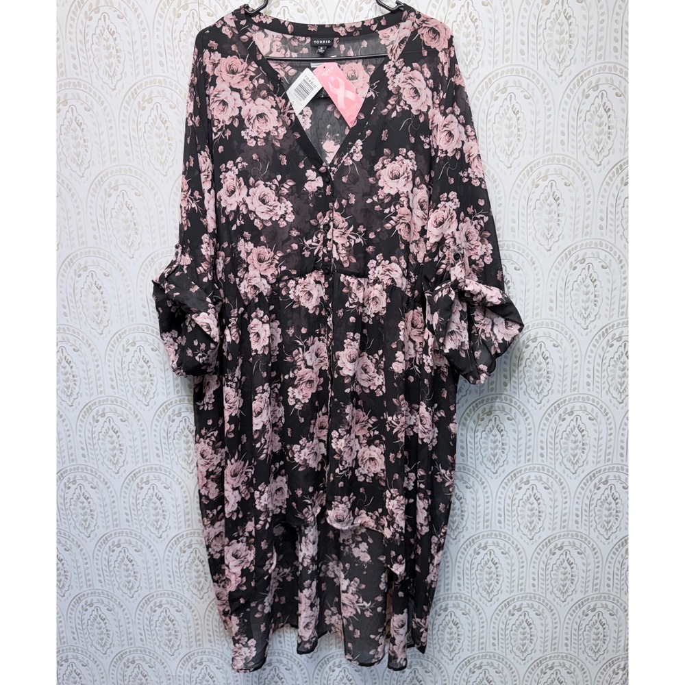 Torrid Tunic Top Womens 6X Black Pink Floral Sheer Chiffon High Low Roll Tab New